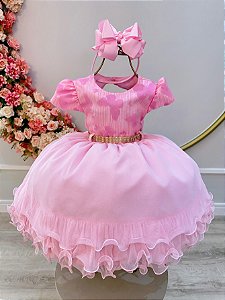 Vestido Infantil Rosa Borboletas e Strass no Busto Luxo