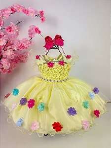 Vestido Jardim Encantado Amarelo Festa Flores Luxo