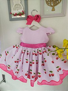 Vestido Cerejinha Faixa Pink Infantil Luxo Festa