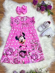 Vestido Infantil Trapézio da Minnie Rosa Manga Flu-Flu