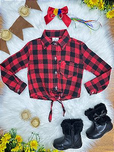 Camisa Junina Infantil Feminina Flanelada Xadrez Preto e Vermelho Arraiá - Manga Longa