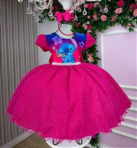 Vestido Lilo Stitch Pink Saia Glitter Luxo