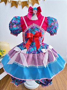 Fantasia Infantil Junino Pink e Azul Com Flores Coloridas