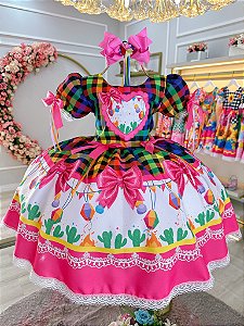 Vestido Infantil Junino Caipira Folia Balões Xadrez Colorido