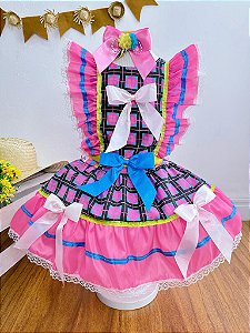 Vestido Infantil Junino Rosa Chiclete Xadrez Colorido Festas