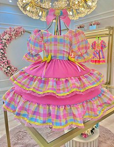 Vestido Infantil Junino Arraiá Festas Xadrez Colorido