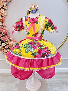 Vestido Infantil Junino Arraiá Amarelo Com Estampa Colorida