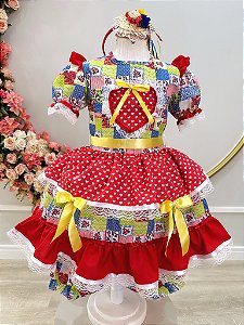 Vestido Infantil Junino Caipira Colorido Estampa Corações