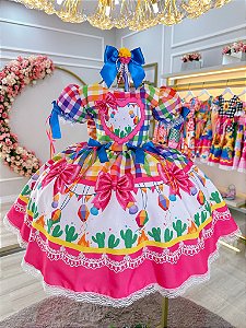 Vestido Infantil Junino Caipira Balões Xadrez Colorido