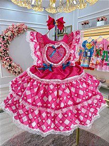 Vestido Infantil Junino Caipira Pink Desenho Corações