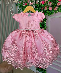 Vestido Jardim Encantado Luxo Rosa Chiclete