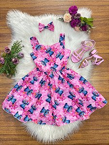 Vestido Infantil Lilo Stitch e Angel com Laço Rosa