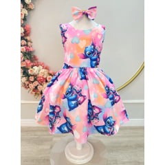 Vestido Infantil Rosa Lilo Stitch e Angel com Laço
