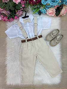 Conjunto Suspensorio Linho Bege Batizado Pajem