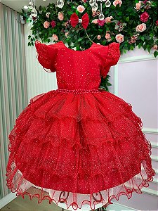 Vestido Infantil Vermelho Glitter Festa Luxo