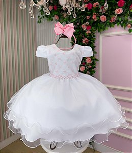 Vestido Infantil Branco com Apliques Rosa