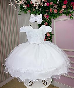 Vestido Infantil Branco com Apliques Strass