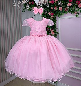 Vestido Infanti Rosa Bebe Renda Cinto Perolas