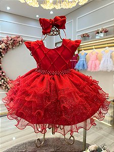 Vestido Infantil Vermelho Saia Com Babados Luxo