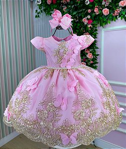 Vestido Jardim Encantado Luxo Rosa Renda Dourado