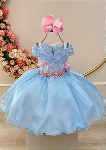 Vestido Infantil Princesas Jardim Encantado Azul Super Luxo