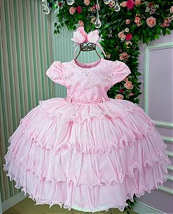 Vestido Infantil Rosa Bebe Festa Babados