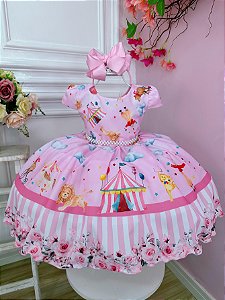 Vestido Infantil Circo Rosa Floral Cinto Pérolas Festas