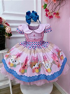 Vestido Infantil Fazendinha Bichos Aplique Botões Rosa Bebê