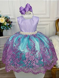 Vestido Infantil Ariel Princesa Renda e Cinto de Pérolas