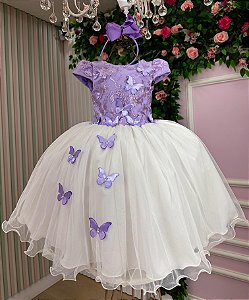 Vestido Infantil Daminha Midi Florista Jardim Encantado Lilas e Off