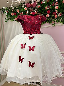 Vestido Infantil Daminha Midi Florista Jardim Encantado Marsala e Off