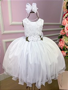 Vestido Infantil Daminha Midi Flores Branco