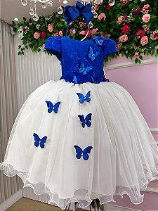 Vestido Infantil Daminha Midi Florista Jardim Encantado Azul Royal e Off