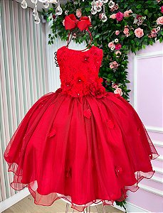 Vestido Infantil Daminha Regata Flores Vermelho