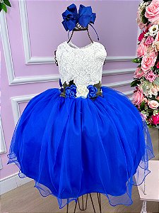 Vestido Infantil Daminha Midi Florista Jardim Encantado Azul Royal e Off