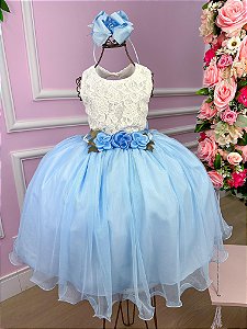 Vestido Infantil Daminha Midi Florista Jardim Encantado Azul Bebe e Off