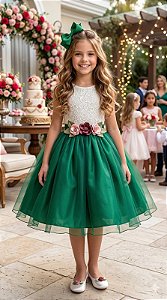 Vestido Infantil Daminha Midi Florista Jardim Encantado Verde e Off