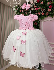 Vestido Infantil Daminha Midi Florista Jardim Encantado Rosa Bebe e Off