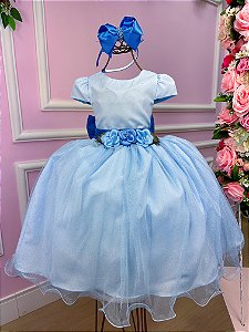 Vestido Infantil Daminha Midi Flores Azul Bebe
