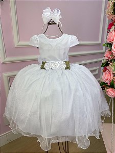 Vestido Infantil Daminha Midi Flores Branco