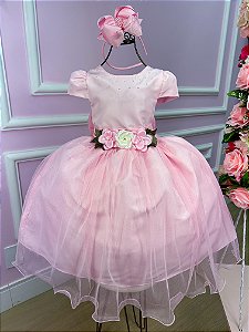 Vestido Infantil Daminha Midi Flores Rosa Bebe