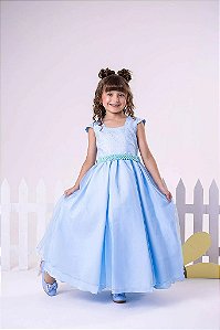 Vestido Infantil Azul Bebe Cinto Perolas Longo Tule