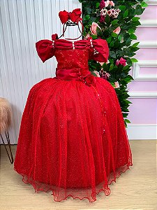 Vestido Vermelho Formatura Dama Manga Princesa Tule Glitter