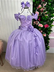 Vestido Lilas Formatura Dama Manga Princesa Tule Glitter