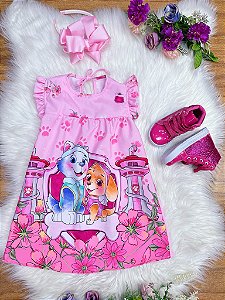Vestido Infantil Trapézio da Patrulha Canina Sky Rosa Manga