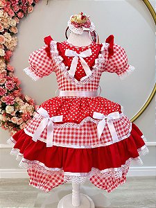 Fantasia Infantil Junino Vermelho Xadrez Babados Luxo