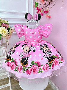 Vestido Minnie Florido de Rosas Pérolas Festas