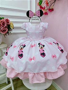 Vestido Minnie Rosa Com Bolinhas e Pérolas Luxo