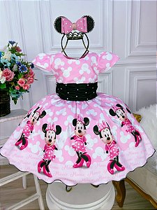 Vestido Infantil Minnie Rosa Com Pérolas Festas