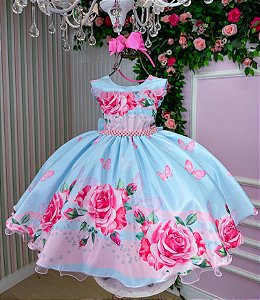 Vestido Floral Jardim das Borboletas Azul Infantil e Juvenil